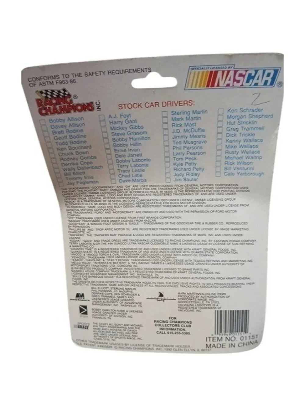 Die Cast Racing Champions Geoff Bodine 15 NASCAR Stock Car Collectible Card 1992